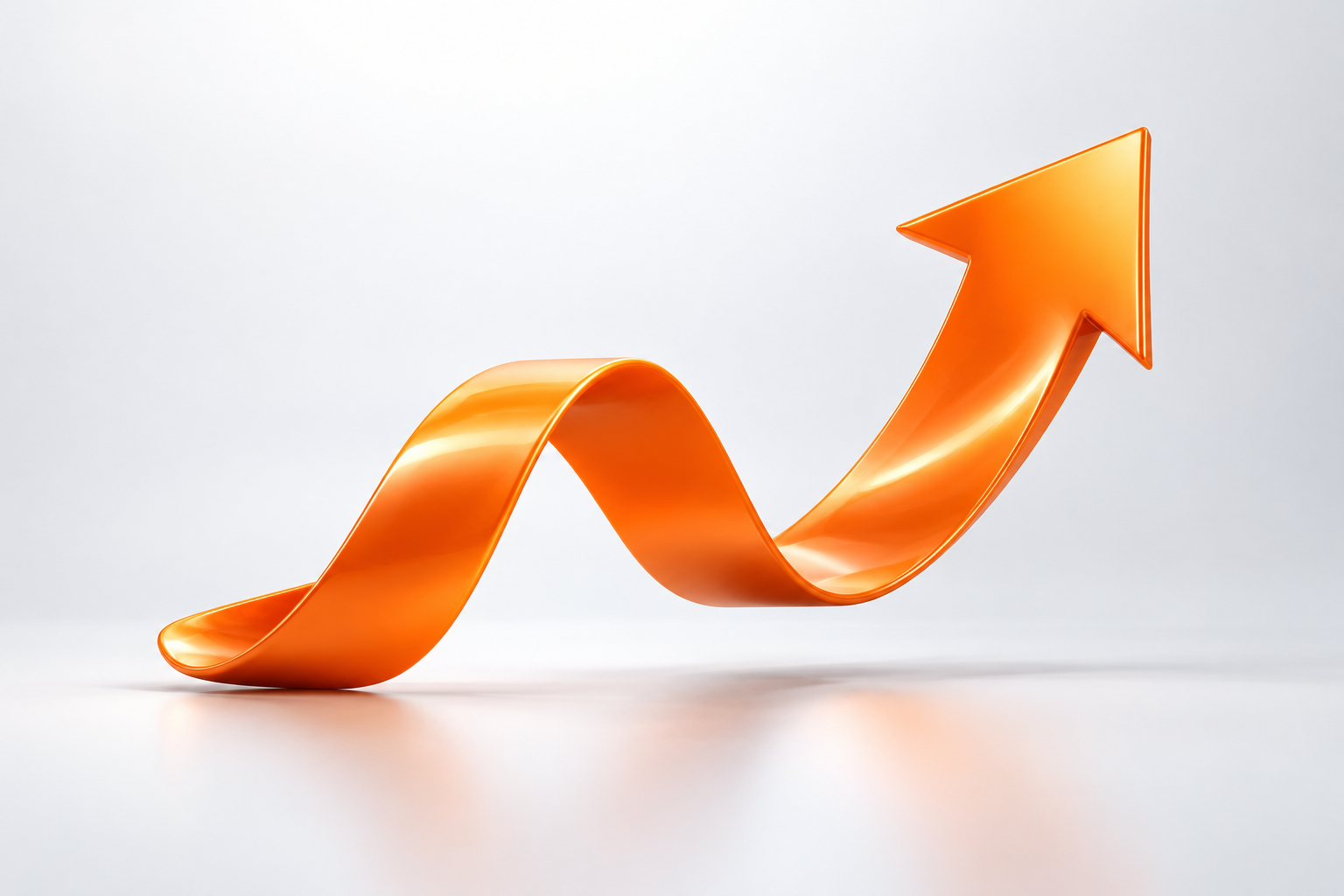 A sculptural orange ribbon rising into an arrow